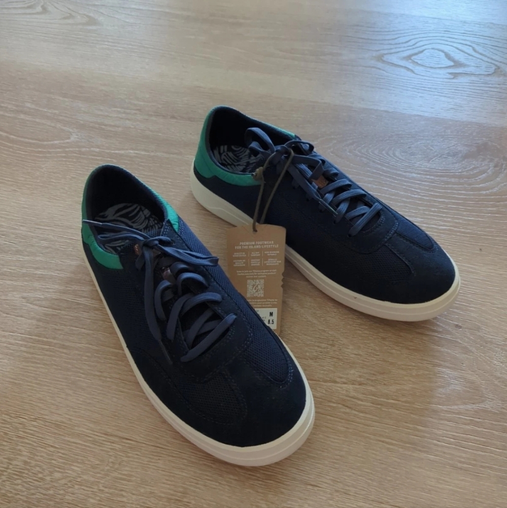 OLUKAI Punini Lace Up Casual Men’s Shoes Navy Blue Green Bamboo Size 8.5 NWT